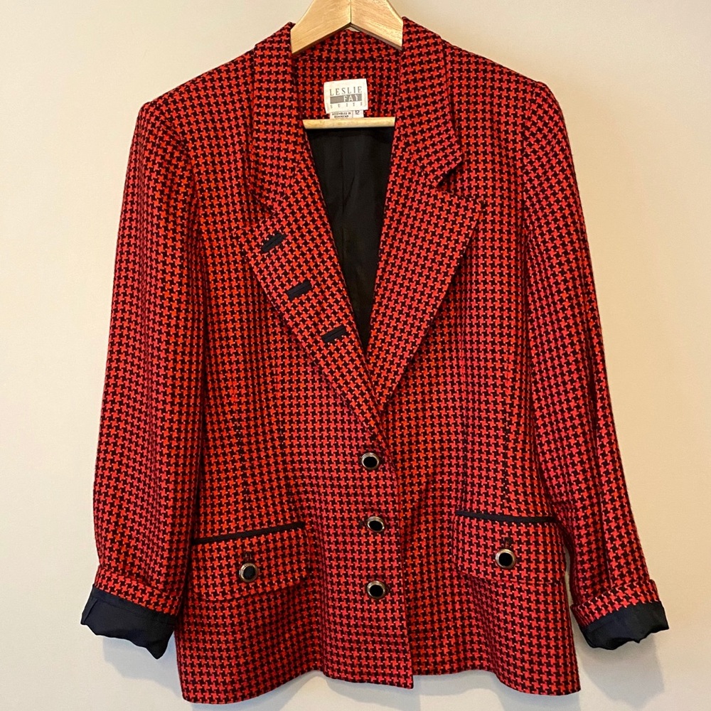 Vintage red houndstooth blazer, boyfriend blazer, plaid blazer